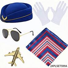 5pcs/Set Holiday Themed Flight Attendant Hat, Scarf, Brooch, Gloves, Glasses Cosplay Accessories, Retro Stewardess Outfit,Halloween