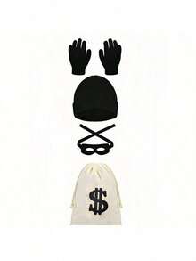 4pcs/Set Burglar Costume Kit - Canvas Bag, Gloves, Eye Mask, Hat, Thief Prisoner Cosplay Outfit, Unisex, Suitable For All Seasons, Halloween