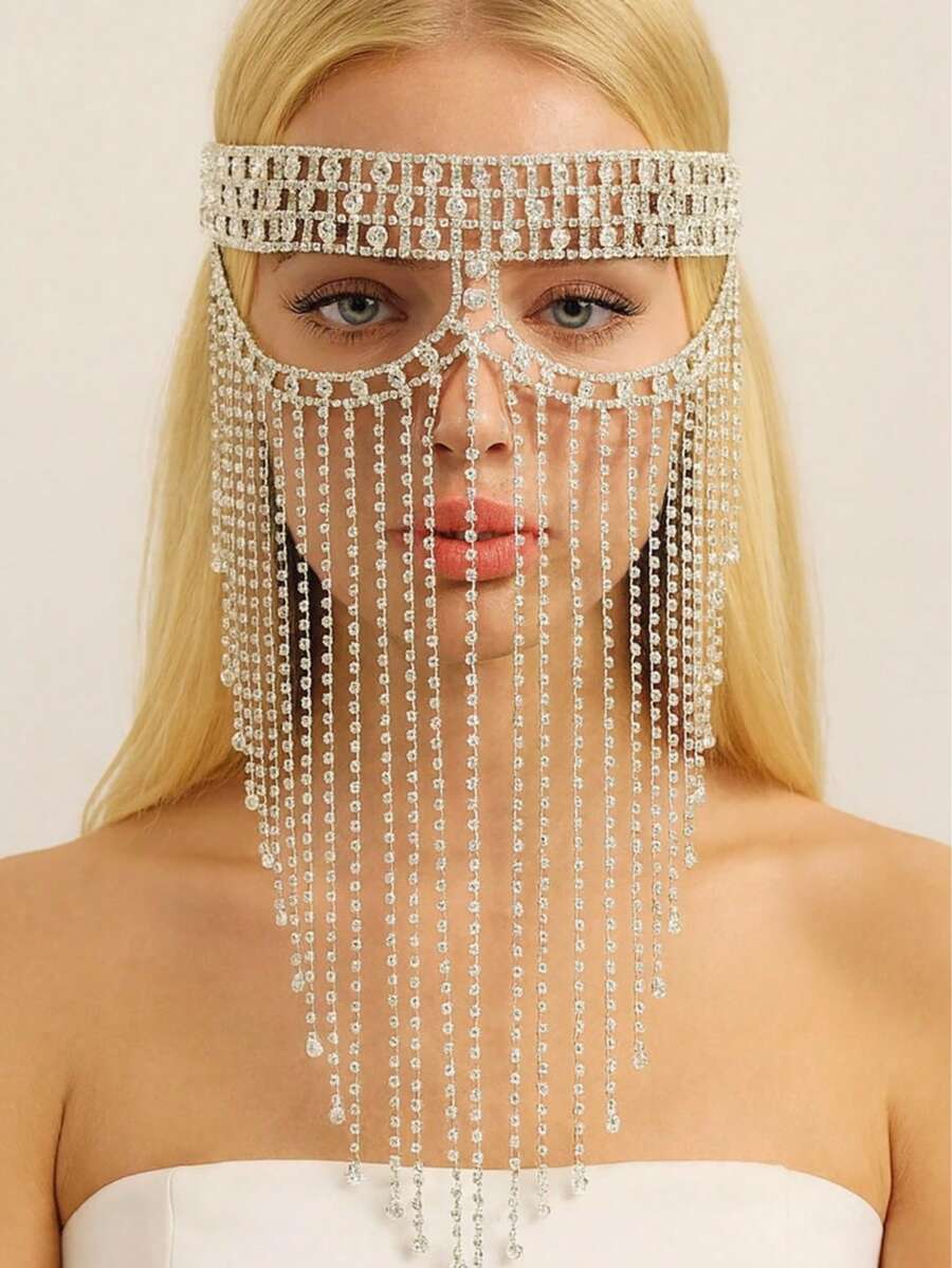 1pc Multi-Layer Crystal Rhinestone Tassel Mask, Luxury Party Decoration Accessory For Women Halloween - Silver - View 1