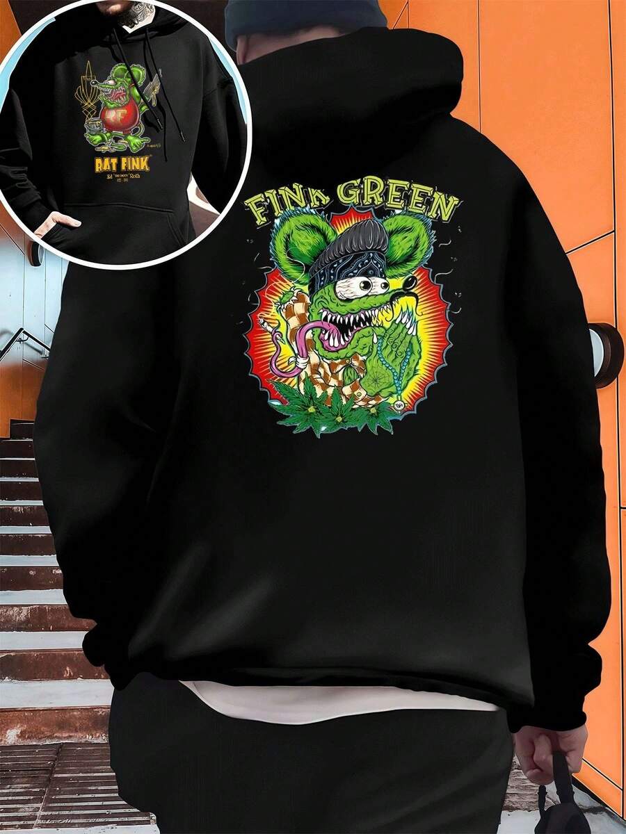 Rat Fink Graphic Sweatshirt ,Men's Double-Sided Printed Casual And Comfortable Hoodie, Casual And Versatile Coat In Autumn And Winter(1 PC) - màu đen - Xem 1