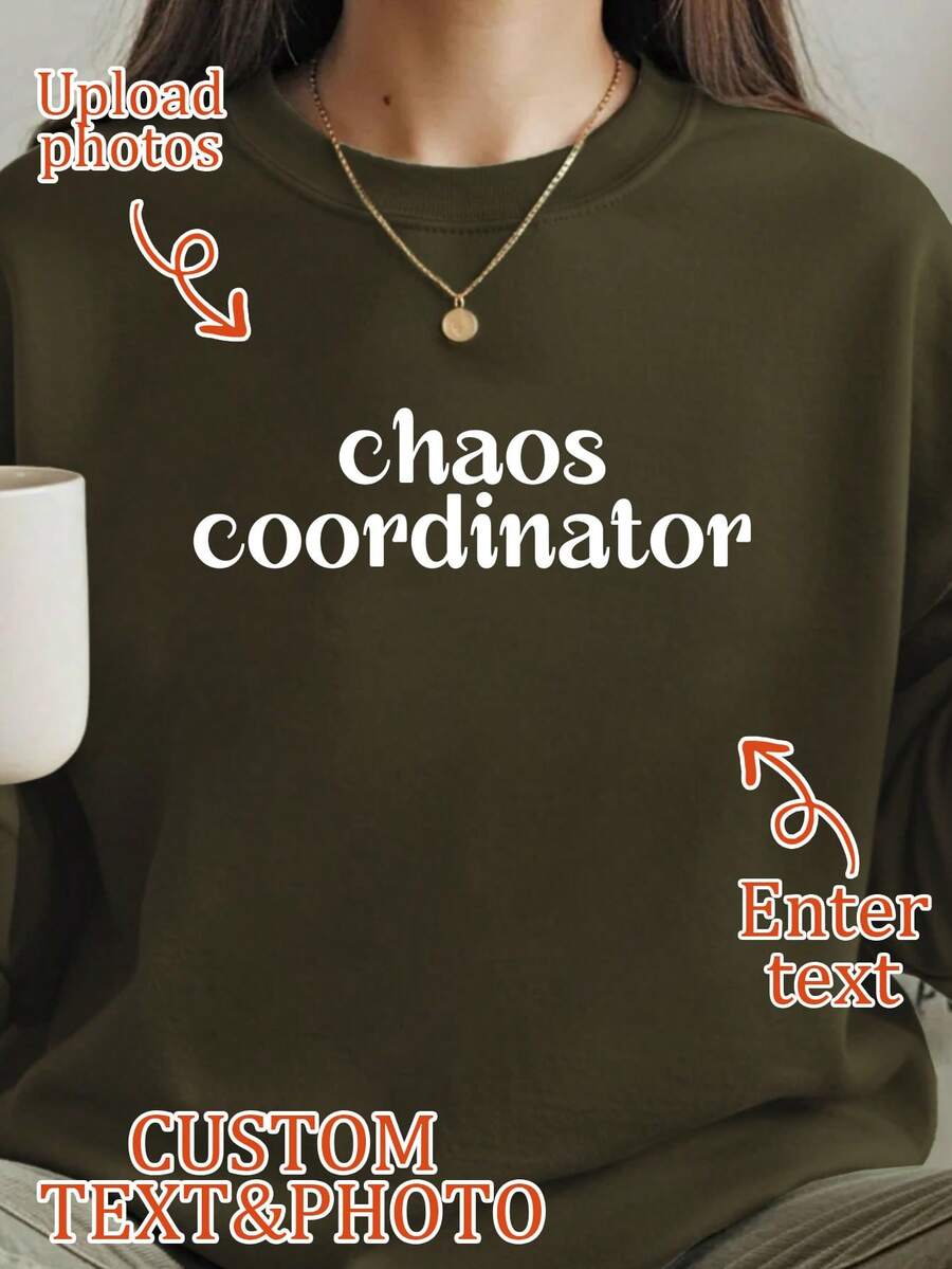 1pc Women's Letter Series Crew Neck Sweatshirt, Casual Daily Fashion Top, Suitable For Autumn/Winter - Olive Green - View 1