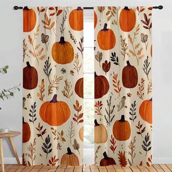 2 st pumpa-Thanksgiving-tryckta gardiner - söta pumpa-, veteax- och andra höstskördemönster, 100 % polyester halvtransparent stångfönsterdekoration, lämplig för sovrum, vardagsrum, kök, kontor, maskintvättbar modern heminredning, höstheminredning