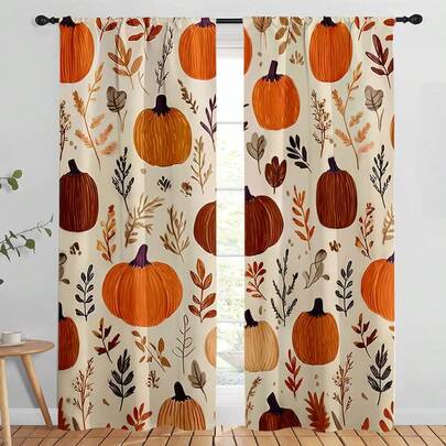 2 件南瓜感恩节印花窗帘 - 可爱南瓜、麦穗等秋收图案，100% 涤纶半透明杆式窗饰，适用于卧室、客厅、厨房、办公室，可机洗现代家居装饰，秋季家居装饰