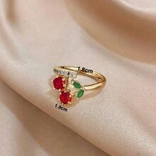 1PC Cherry Statement Open Ring For Teen Girls - 18K Gold Plated Stainless Steel & Zirconia Mom Gift, Teacher Gift, Boho Summer Beach Travel Party Essential, Rave/Prom/Party/Daily Accessories, Gold Yellow Jewellery, Back To School Gift, Birthday Gift