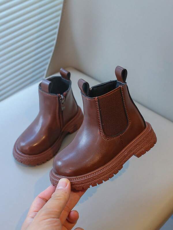 1 Pair Toddler/Kids Soft & Comfortable PU Leather Short Boots With Elastic Side Panel, Zipper Closure, Round Toe, Thick Sole, Fashionable & Cute Princess Style, Suitable For Boys & Girls Casual, School, Holiday Wear, Autumn/Winter