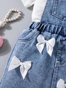 Vestido de peto de mezclilla lavada con lazo blanco 3D para niñas, con tirantes ajustables - Azul - Ver 9