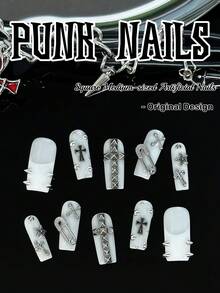 Bộ 10 miếng dán móng tay phong cách Punk thủ công, móng giả vuông cỡ trung bình, móng giả màu trắng kiểu Pháp với họa tiết chữ thập, kẹp giấy, đinh tán và màu trắng trong suốt, bộ dụng cụ làm móng nghệ thuật kim loại phong cách Cyberpunk, phù hợp cho sử dụng hàng ngày và các dịp đặc biệt, dụng cụ dán móng thủ công. - Nhiều màu - Xem 2