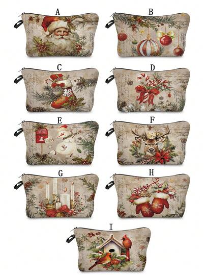1pc Vintage Christmas Pattern Cosmetic Bag, Large Capacity Makeup Organizer, Lightweight Multi-Purpose Durable Foldable Zipper Pouch, Practical Gift For Daily Use And Travel