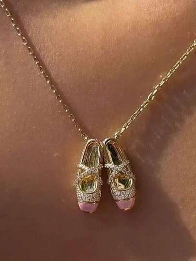 1pc Elegant Rhinestone Ballet Shoe Pendant Necklace, Fashionable And Chic