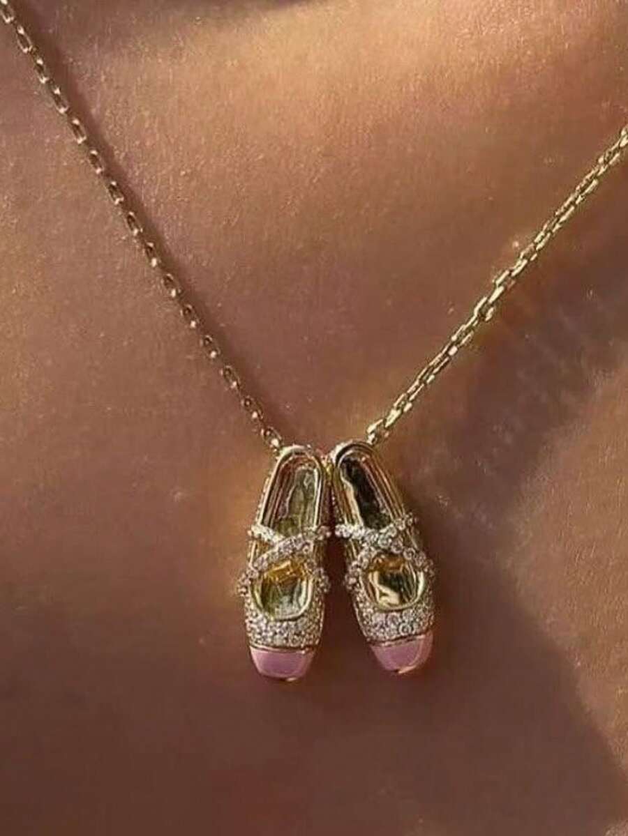 1pc Elegant Rhinestone Ballet Shoe Pendant Necklace, Fashionable And Chic - Pink - View 1