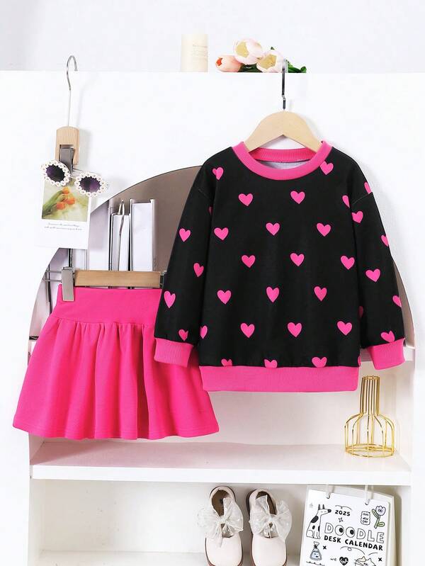 Moletom com Estampa de Coração e Saia A-Line Vintage Folgada de Cintura Alta Tecida