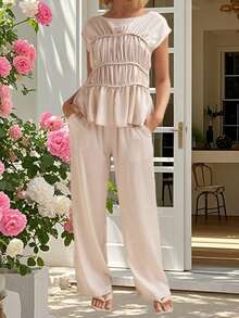 Women's Pants Set Fashionable Solid Color Smocked Cap Sleeve Tops With Drawstring Pants 2Ps Outfits - Champagne - View 2