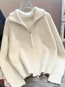 女士纯色罗纹拉链针织衫，休闲日常穿着