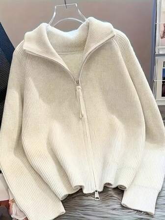 女士纯色罗纹拉链针织衫，休闲日常穿着