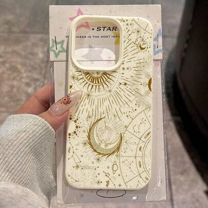 1pc TPU Material Gold Mysterious Sun, Moon, Star, Zodiac Element Pattern Phone Case Compatible With IPhone//Redmi Phones