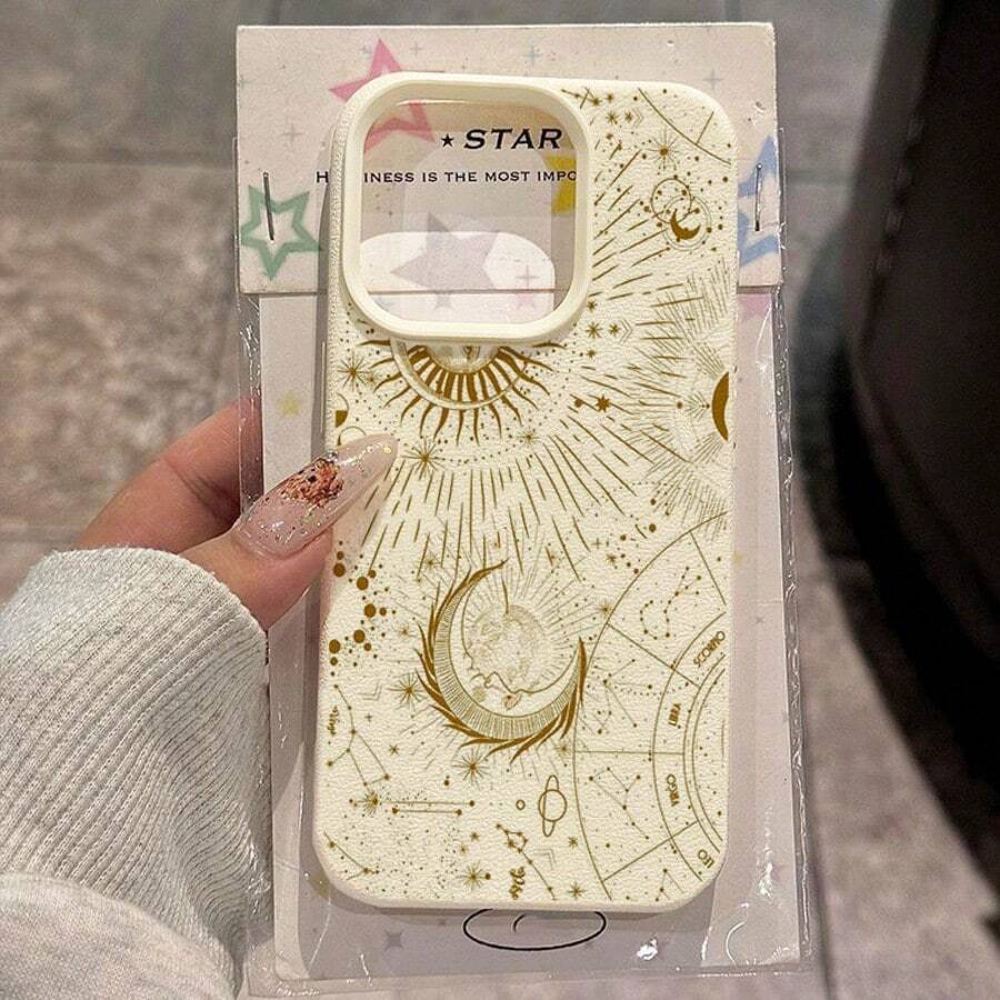 1pc TPU Material Gold Mysterious Sun, Moon, Star, Zodiac Element Pattern Phone Case Compatible With IPhone//Redmi Phones - White - View 1