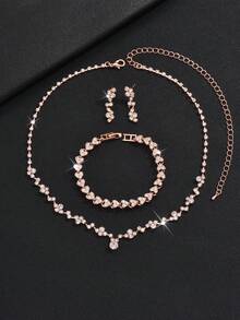 4pcs Set: Rhinestone & Crystal Encrusted Necklace, Earrings, Bracelet - Bridal Jewelry Set