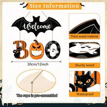 Halloween BOO Door Sign Decorations, Spooky Bat Welcome Hanging Sign For Front Door, Wooden Ghost Evil Pumpkin Black Cat Door Hanger Ornaments For Home Window Wall Halloween Party Decor Home Decor Halloween Decor Room Decor - Multicolor - View 4