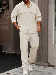 Men's Solid Color Comfortable Breathable Material Polo Collar Double Pocket Loose Long Sleeve Shirt And Drawstring Accent Pants Two Pieces Set, Suitable For Casual, Fashion, Commuting, Street Style, Summer New Arrival - Apricot - View 4