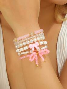 6PCS Cute Simulated Pearls Crystal Pink White Bowknot Beaded Bracelets Set For Girls Accessories Friendship Jewelry Party