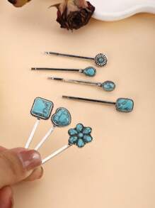 7件套西部绿松石发饰套装，包含爱心水滴花朵造型发夹、单夹发卡和学习用品。 - 彩色 - 查看 5