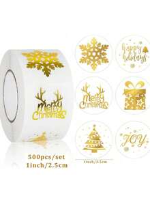 500 piezas/Rollo Pegatinas transparentes con lámina de oro "Feliz Navidad", etiquetas decorativas para embalaje de regalos, pegatinas para envolver regalos de Navidad, decoraciones navideñas, pijamas navideños, regalos de Navidad, decoración navideña - Multicolor - Ver 5