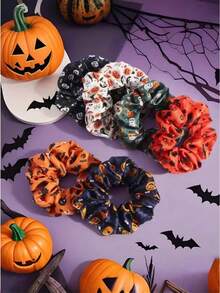 6 Stücke gruselige Halloween Haargummis, Haarschmuck, süße Kürbis- und Fledermaus-Muster, Muss-haben für Trick-or-Treat, Kostümparty und Haarstyling-Dekoration