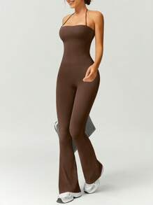 NcmRyu 1pc Women Seamless Elastic Sports Racerback Waist Lifting Shaping Sexy Casual Jumpsuit Pants - Brown - View 9