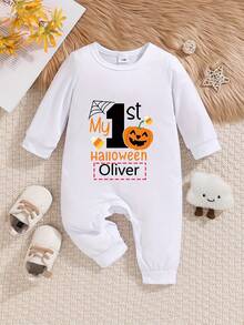 [Custom] Baby Girls Comfortable Soft Long Sleeve Jumpsuit, Casual Round Neck, Pumpkin Design - Customizable Name Halloween //Baby Girl - White - View 1