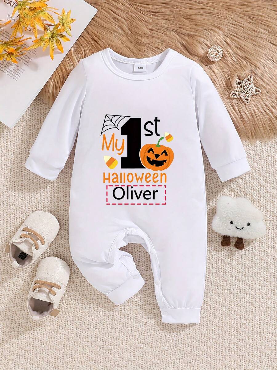 [Custom] Baby Girls Comfortable Soft Long Sleeve Jumpsuit, Casual Round Neck, Pumpkin Design - Customizable Name Halloween //Baby Girl - White - View 1