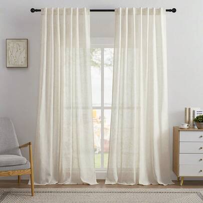 1件亚麻质感薄纱窗帘 - 保护隐私，杆袋式设计，可机洗，乡村风格，适用于客厅、阳台、家居休闲场所，透光