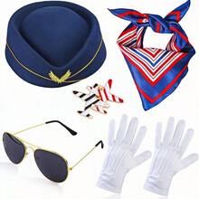 5pcs/Set Holiday Themed Flight Attendant Hat, Scarf, Brooch, Gloves, Glasses Cosplay Accessories, Retro Stewardess Outfit,Halloween