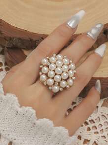 1 pieza Anillo de dedo ajustable con perla, de moda para que las mujeres lo usen a diario - Blanco X568 - Ver 1