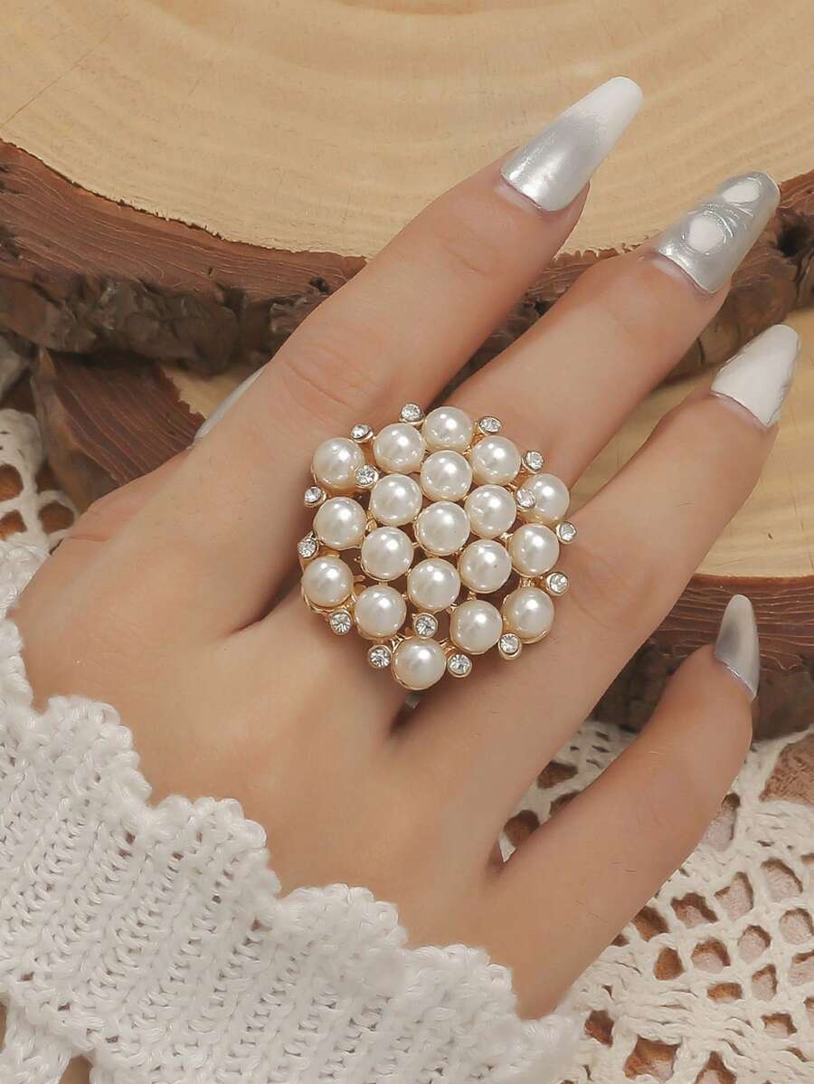1 pieza Anillo de dedo ajustable con perla, de moda para que las mujeres lo usen a diario - Blanco X568 - Ver 1