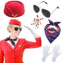5pcs/Set Holiday Themed Flight Attendant Hat, Scarf, Brooch, Gloves, Glasses Cosplay Accessories, Retro Stewardess Outfit,Halloween