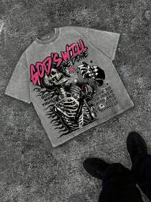 230g Washed, Definitely Printed T-Shirts From Skeletons, High-Quality Batik Cotton Vintage Fashion Brand T-Shirts, Men's T-Shirts, Summer T-Shirts, Holiday Gifts, Perfect Gifts. - Màu xám đen - Xem 1