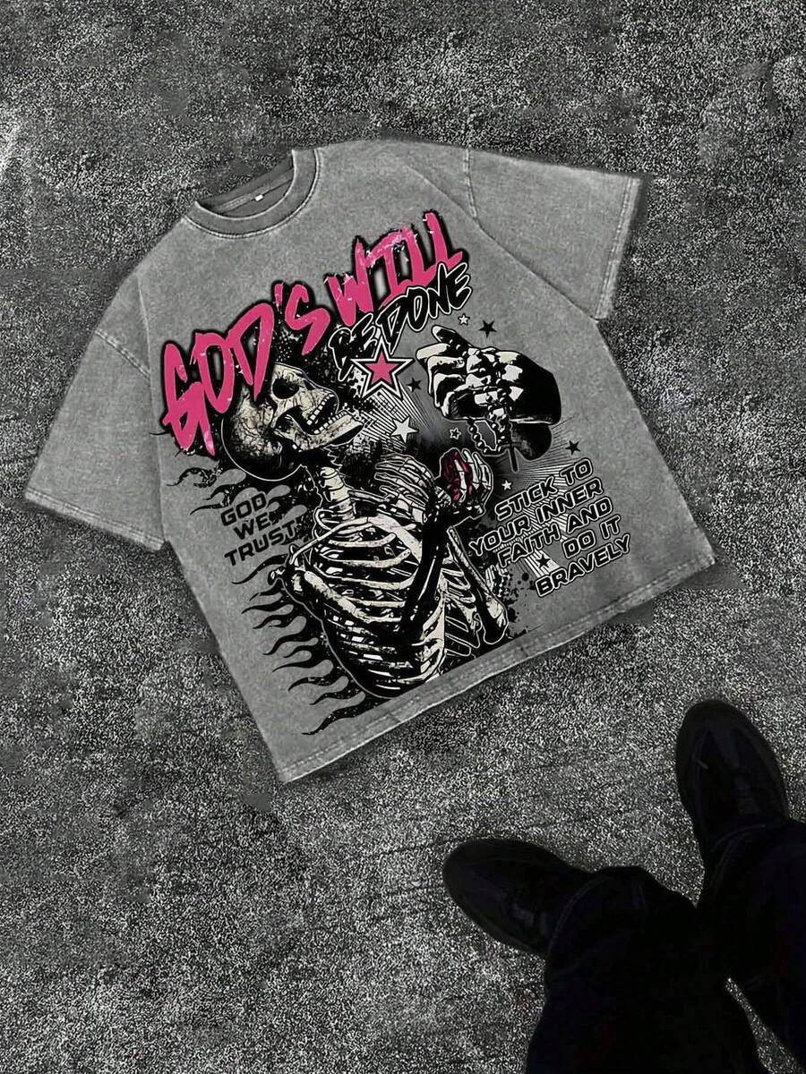 230g Washed, Definitely Printed T-Shirts From Skeletons, High-Quality Batik Cotton Vintage Fashion Brand T-Shirts, Men's T-Shirts, Summer T-Shirts, Holiday Gifts, Perfect Gifts. - Màu xám đen - Xem 1