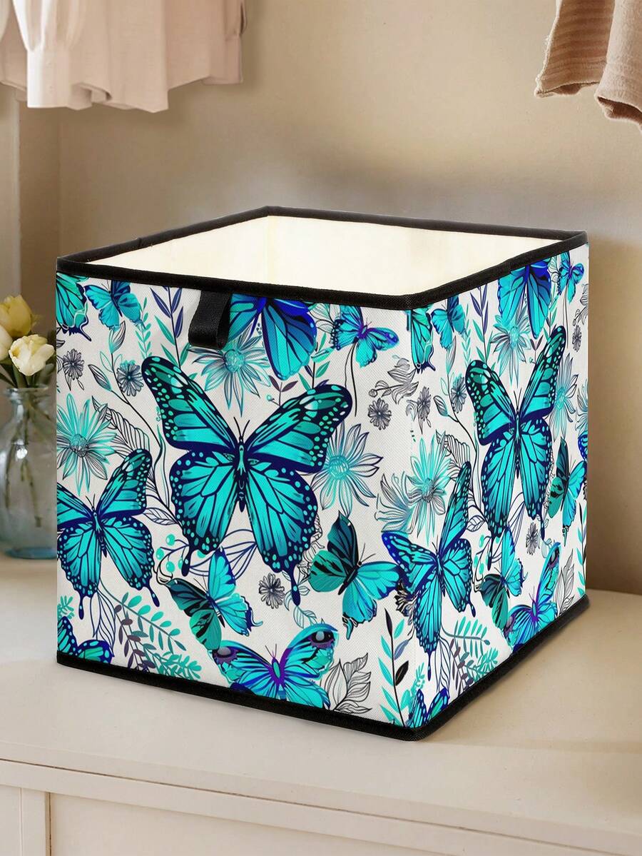Butterfly Pattern Printed Open Storage Box, Stackable Storage Bin, Drawer Style Durable Multi-Purpose, Space-Saving Design, Suitable For Home, Dorm, Household Organization, Under Bed Storage Closet Organization And Storage Clothes Organizer Bedroom