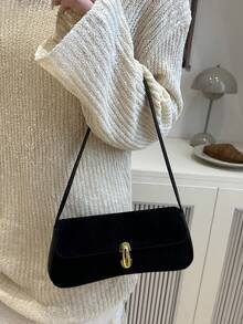 新款时尚金属装饰仿麂皮托特单肩包，适合聚会、郊游、度假、购物和日常使用，可存放硬币、手机，也适合作为白领、大学生和办公室职员的工作包，优雅的女士包 - 黑色 - 查看 2