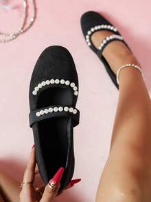 qishangda [Qishangda] Round Toe Pearl Decor One-Strap Flat Mary Jane Shoes, Plus Size