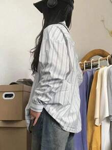 2025春秋款条纹休闲百搭女士长袖纽扣衬衫