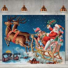 لافتة ديكور خلفية عيد الميلاد، سانتا كلوز راكب الغزال في الشتاء، قرية، أحجام متعددة، لافتة عيد الميلاد