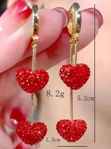 Rundraw 2pcs Luxury Metal Studded Heart Shaped Dangle Earrings For Women, Elegant Party & Festival Gifts Valentines,Mom,Mother,Mother's Day,Gift - 紅色 - 查看 5