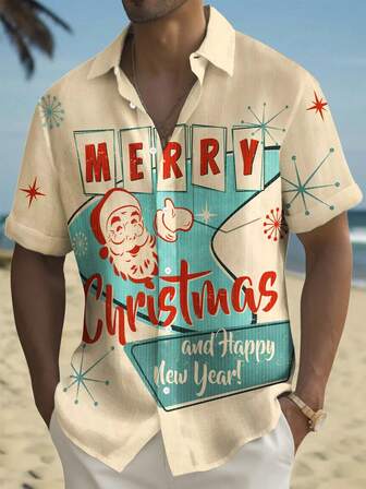 Christmas Santa Claus Vintage Geometric Atomic Print Men's Button Pocket Short Sleeve Shirt