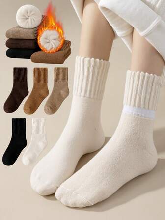 1/3/5 Pairs Women Thick Warm Socks For Autumn/Winter, Solid Color, Soft Comfortable Thermal Lined Mid-Calf Socks, Casual Socks, Sweet Style, Home Socks, Office Socks, Sleeping Socks, Winter Sports Socks, Suitable For Daily Wear