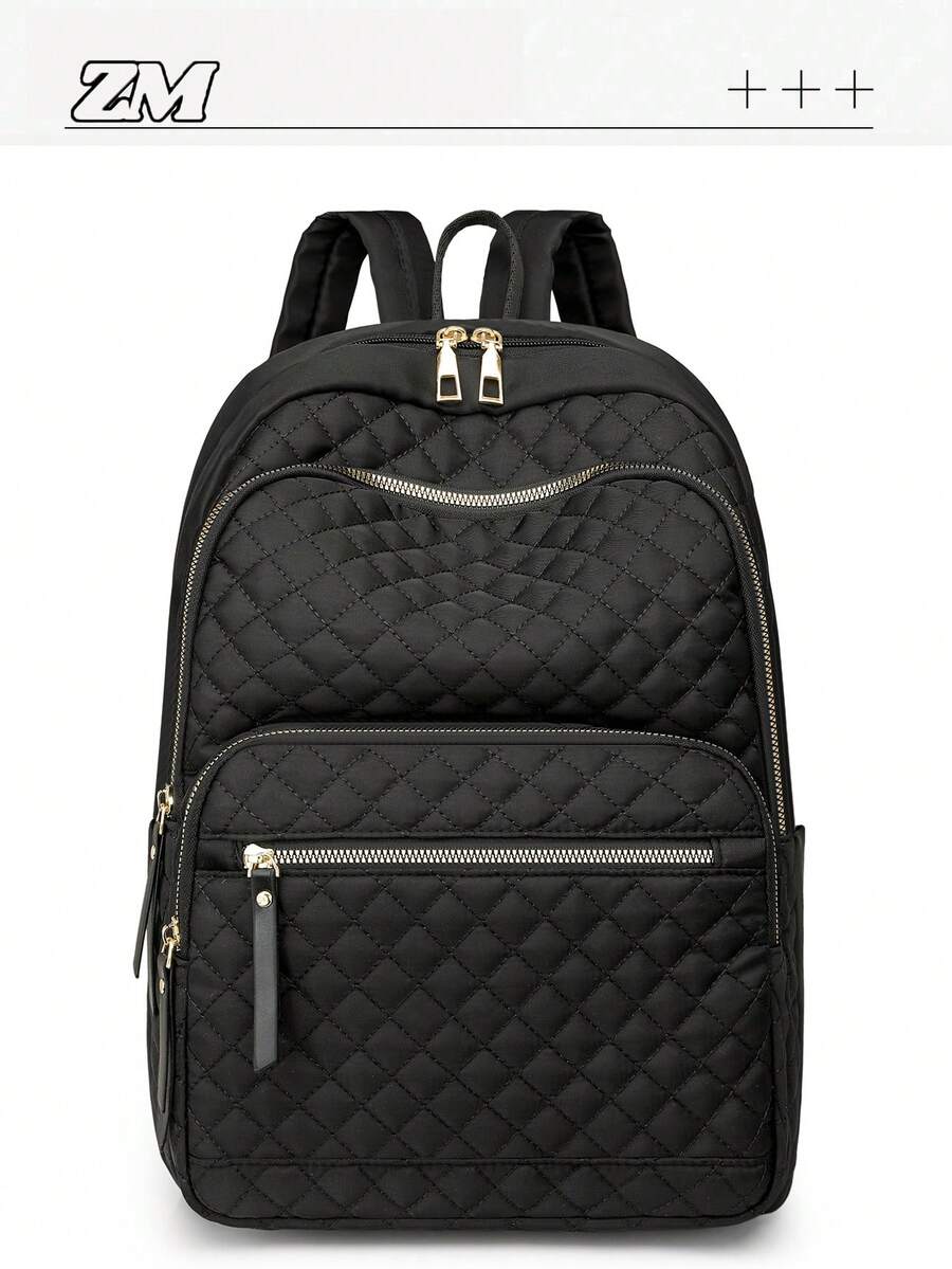Women's Nylon Solid Color Quilted Large Capacity Versatile Backpack, Minimalist Casual Student Backpack, Commuter Bag