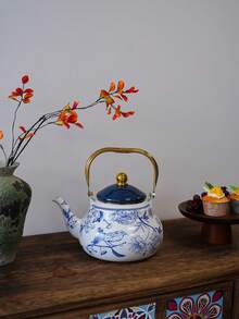 1个白色背景鸟纹珐琅梨形水壶，四季皆宜，家用直火水壶，可作茶壶、咖啡壶、炉灶茶壶，节日礼品茶壶 - 彩色 - 查看 6