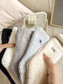 3 Pairs Women's Random Color Fuzzy Bow Socks, Warm And Fashionable For Autumn/Winter - Multicolor - View 2