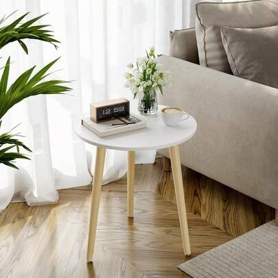 Round Side Table, Small Coffee Table End Table For Living Room, Bedroom, Small Space, Wooden Bedside Table, Easy Assemble, 42(D) X 51(H) Cm, White And Oak