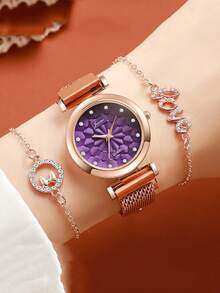 3 件套时尚简约优雅紫色设计石英表、表带和手链套装，适合青少年和学生、万圣节、感恩节、生日礼物 - 紫色 - 查看 1